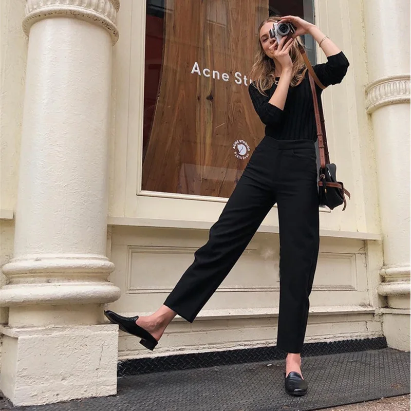 

2019 Profile High Waist Curved Architectural Design Casual Twill Trousers Fake Zippers Pockets Black Pants Women