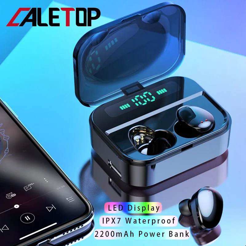 CALETOP TWS 5,0 Bluetooth наушники IPX7 беспроводные наушники стерео Hi-Fi беспроводные наушники светодиодный чехол с дисплеем питания 2200 мАч