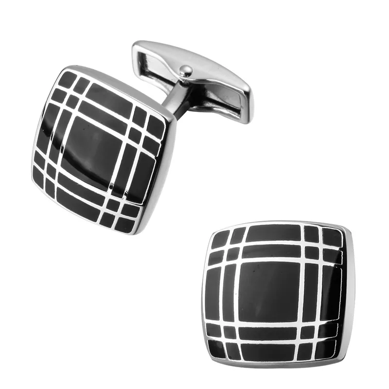 

The latest men's wedding jewelry French shirt cuff Cufflinks Black Enamel Silvery Cufflinks square grid