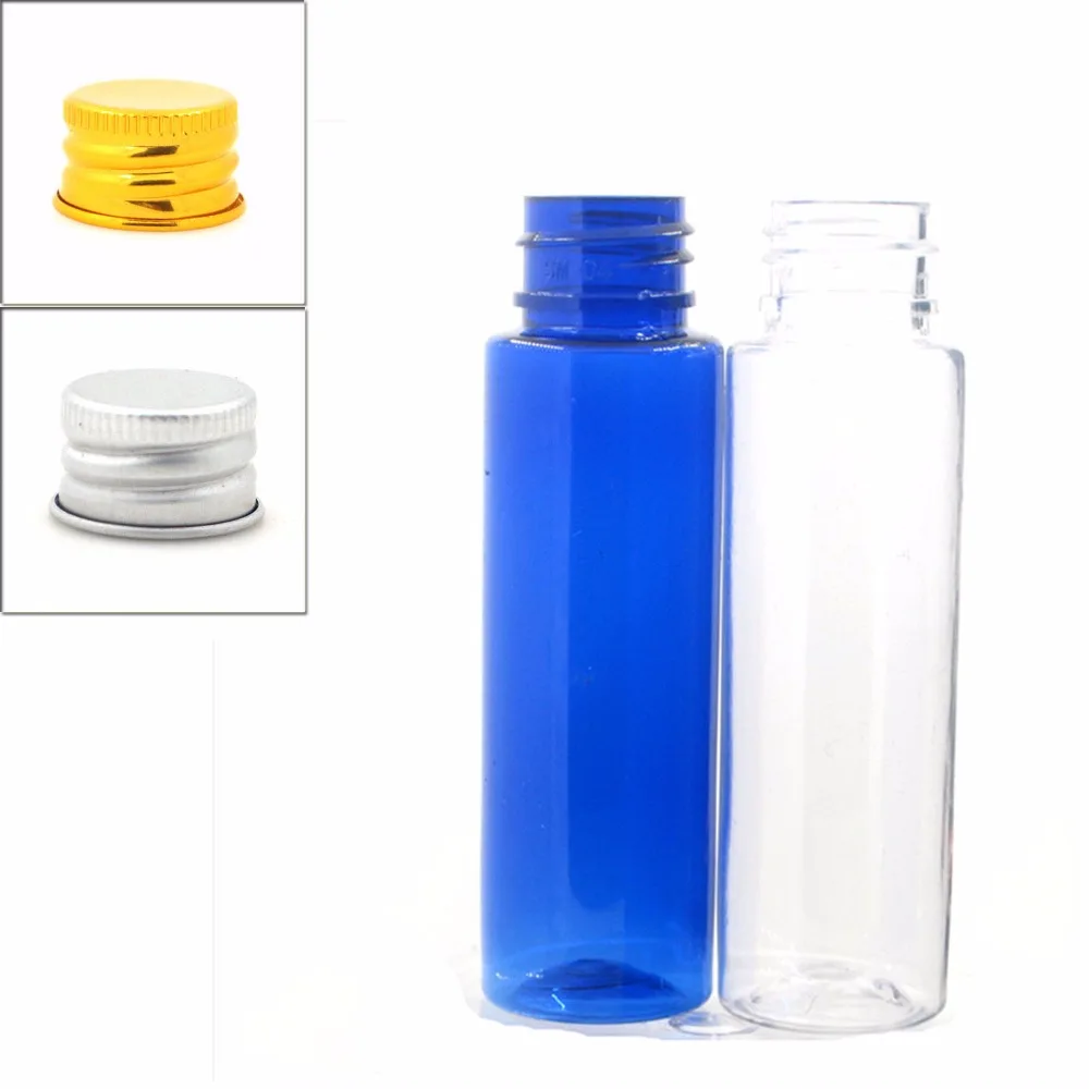 

30ml empty clear/blue Cylinder Plastic Bottles pet bottle with gold/silver aluminum screw cap, X 10