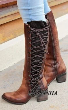 

chic women long motercycle boots round toe knee high lace up patchwork zipper shoes comfortable hot selling footwear