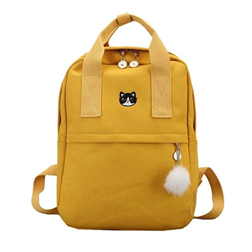 

Puimentiua Girl Canvas Solid Color Backpack 2019 New School Bag With Hairball Satchel Cute Embroidery Casual Backpack