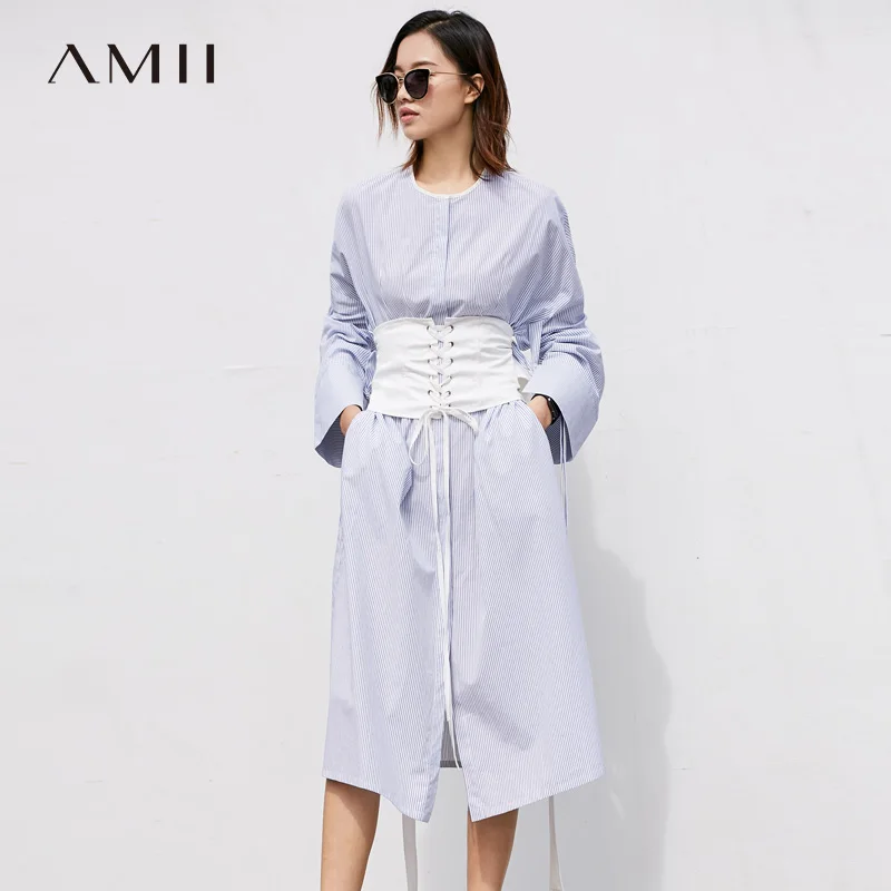 

Amii Women Minimalist Dress 2018 Stripe Slits Flare Sleeve Mid-Calf Female Dresses