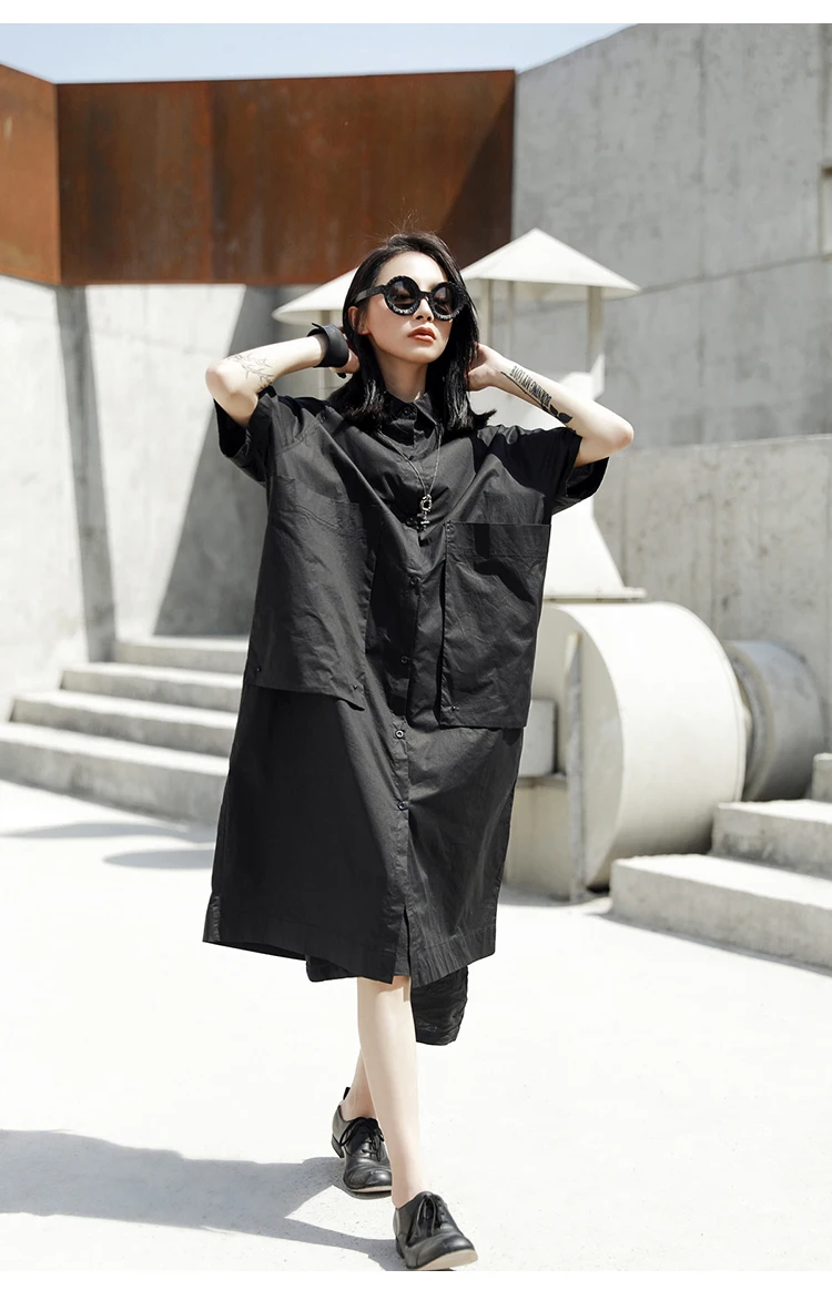 Женская летняя одежда, однотонное черное платье-рубашка большого размера с карманом и коротким рукавом, женская повседневная одежда, длинное платье, женское платье J074