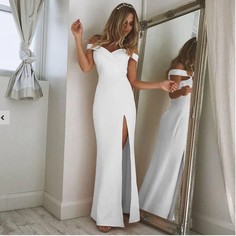 

2019 Hot Sale New Explosion Women Sexy Evening Party Dress High Slit Slim Backless Off-shoulder Long Dress