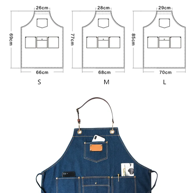 Длинный джинсовый фартук, кожаный ремешок, бариста, питание, кафе, пекарня, шеф-повара, Униформа, парикмахер, парикмахер, флорист, татуировщик, рабочая одежда K82