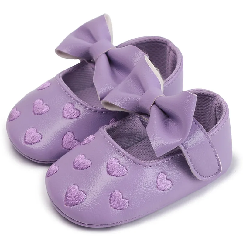 Обувь для новорожденных девочек; обувь принцессы из искусственной кожи; обувь для маленьких девочек с вышивкой и бантом; обувь на мягкой подошве для малышей; детская обувь - Цвет: Purple