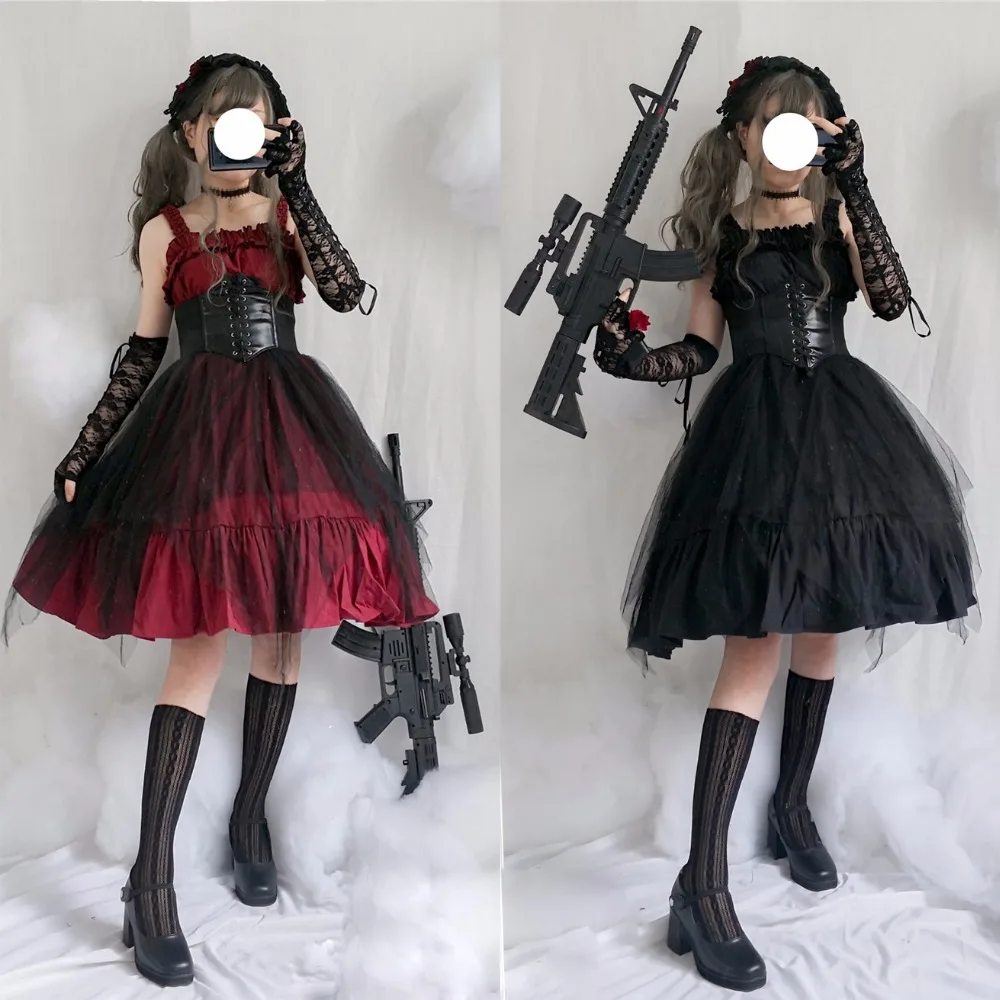 

Gothic High Waist Dark Girls Punk JSK Flouncing Dress Palace Retro Lolita Elegant Irregular Princess Sleeveless Suspender Dress