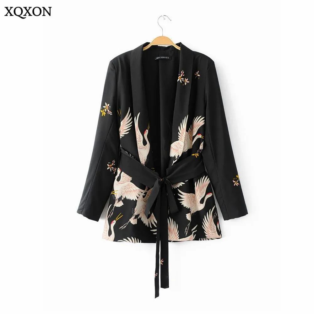 2018 Summer Bird Print Black Blazer Jackets Women Cool