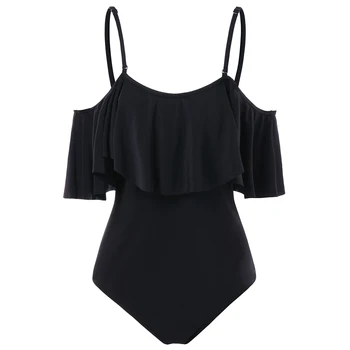 

Wipalo Flounce Cold Shoulder One Piece Women Set Summer Casual Solid Spaghetti Strap Padded Beachwear Holiday Bathing Suits