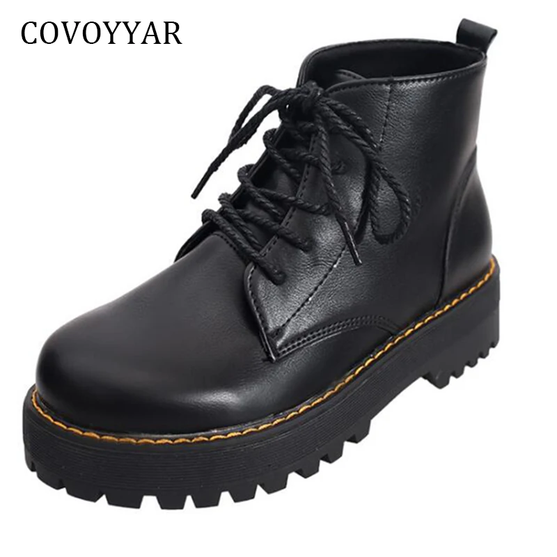 

COVOYYAR 2018 Platform Women Martin Boots New Autumn Winter European Sewing Ankle Boots Women Lace Up Black Shoes WBS791