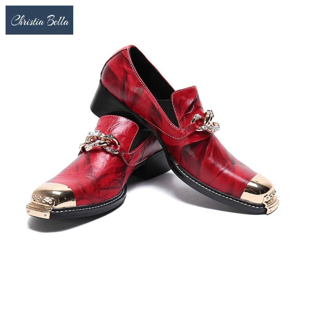 

Christia Bella Fashion Crystal Chain Genuine Leather Men Business Shoes Plus Size Slip on Metal Square Toe Formal Dress Shoes