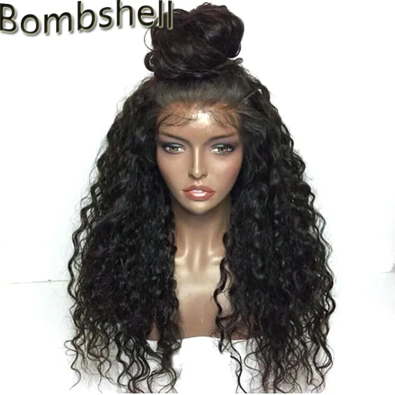 Бомба черные свободные вьющиеся синтетические 3 дюймов Синтетические волосы на кружеве парик теплостойкий половина парик на сетке спереди, с детскими волосами для Для женщин