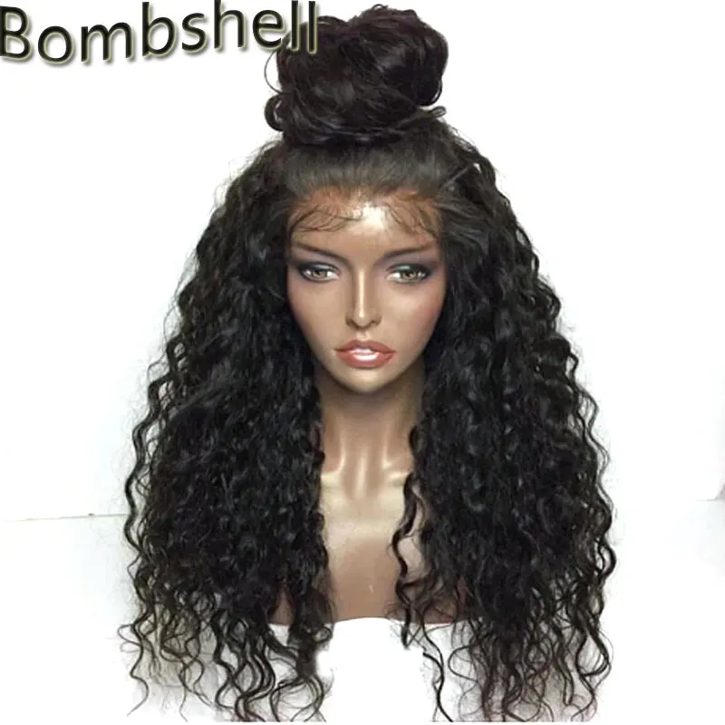 

Bombshell Black Loose Bouncy Curly Synthetic 3 Inch Lace Front Wig Heat Resistant Half Hand Tied Front With Baby Hair For Women