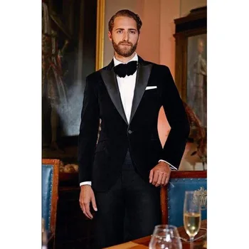 

Dinner Style Peak Lapel Groom Tuxedo Men Wedding Suits Tuxedo 2017 slim black velvet Mens Suit terno masculino (jackets+Pants)