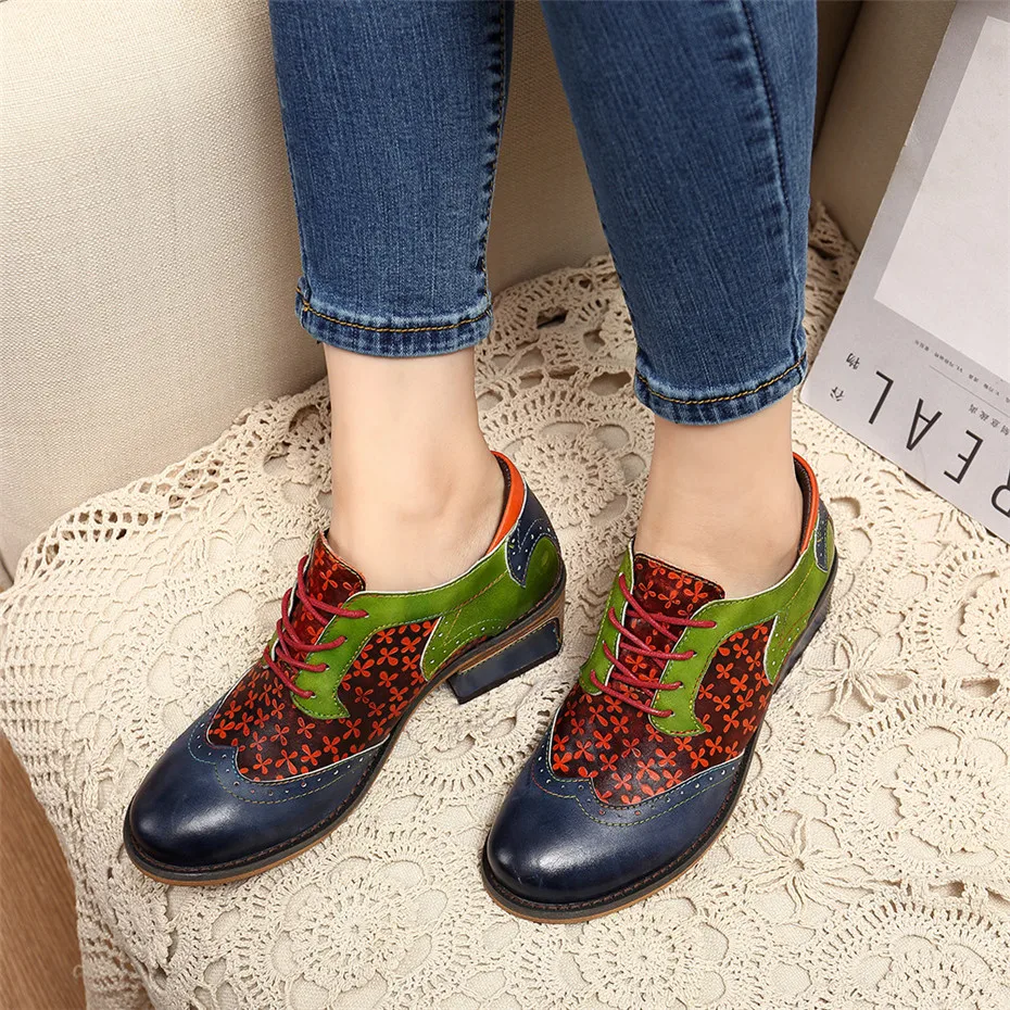 Big Size Genuine Leather Women's Oxford Shoes New Printed Bullock Students Oxfords For Women Retro Lady Casual Flat Brogue Shoes (13)