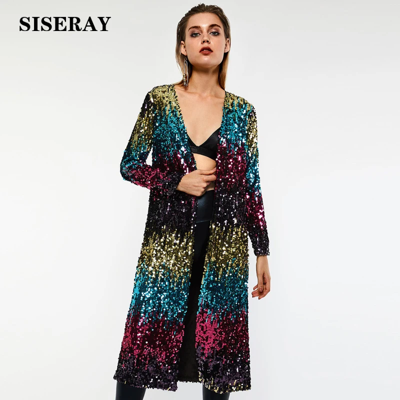 

Chic Open Stitch Gradient Sequin Jacket Long Women Full Sleeve Sparkly Cardigan Coat Party Show Long Style Women Coat And Jacket