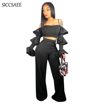

Black Solid Color Two Piece Set Off Shoulder Flare Sleeve Ruffles Backless Crop Top Strapless Outfits Palazzo Pants Sweat Suit