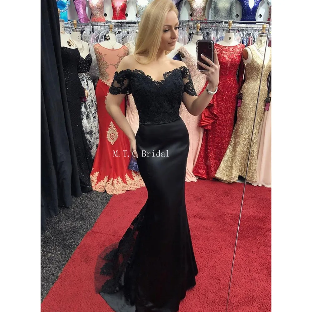 

New 2019 Mermaid Black Long Evening Dress High Quality Elastic Satin Lace Appliques Custom Made Prom Party Dresses Cheap