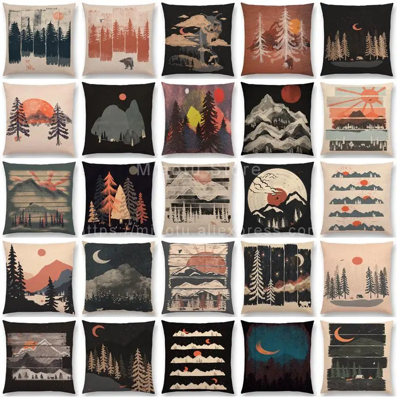 

Latest Pillow Case Animals In the Forest Day And Night Mountains Sun Moon Exploration Camping Fox Wolf Cushion Cover