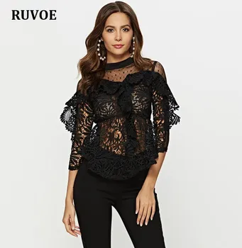 

Sexy lace O-neck white blouse shirt 2019 three quarter sleeve fashion women blouse female Autumn summer top office lady blouse