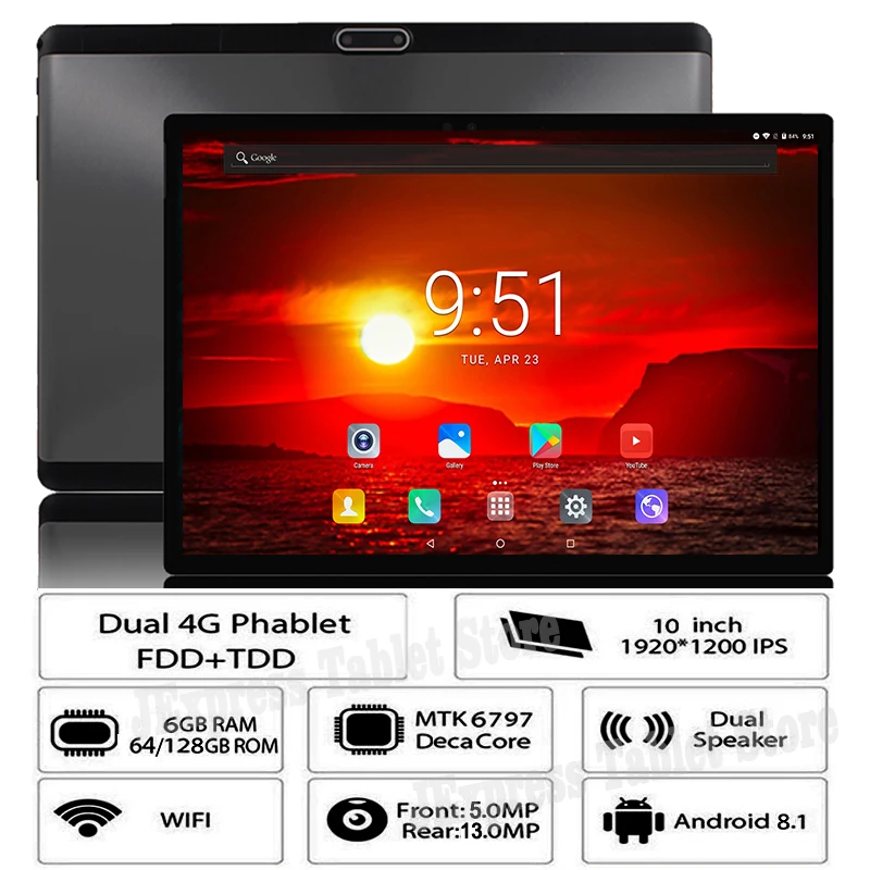 2.5D Tempered Glass 10 inch Tablet PC Deca Core 6GB RAM 128GB ROM 4G LTE Bluetooth WiFi Android 8.1 1920*1200 IPS 13MP GPS+Gifts |