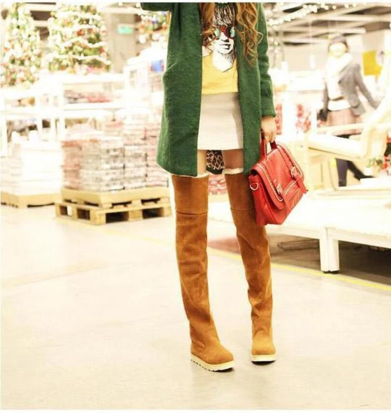 Women's Boots' Casual Lady Boot Over The Knee Long Winter Boots Women Flat Flock Leather Winter Snow Boots Women Plus Size 9 New (11)
