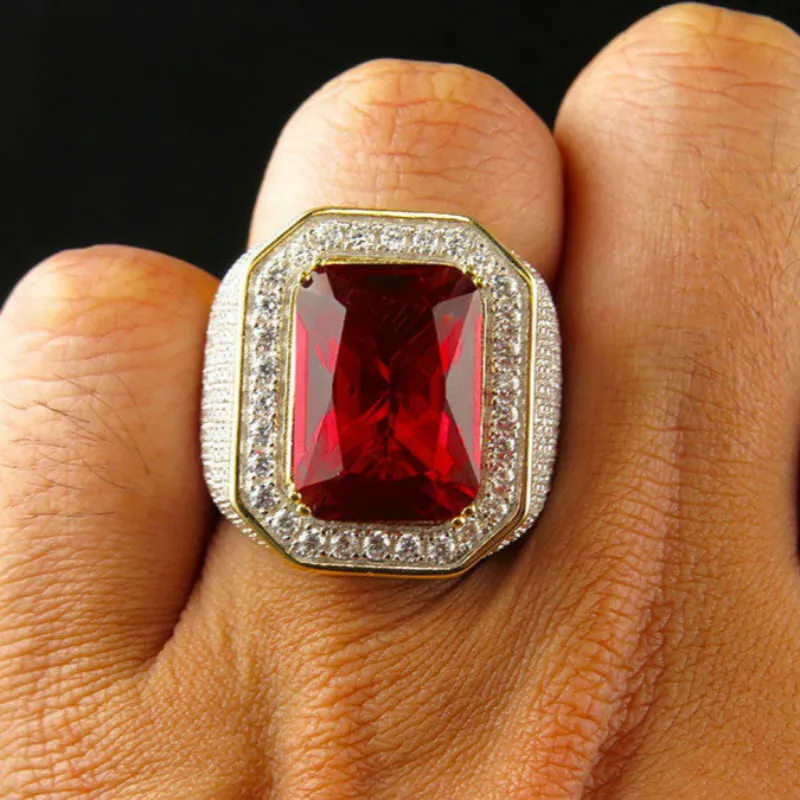 Mens Ruby Ring Gold Color Classic Male Vintage Men 925S