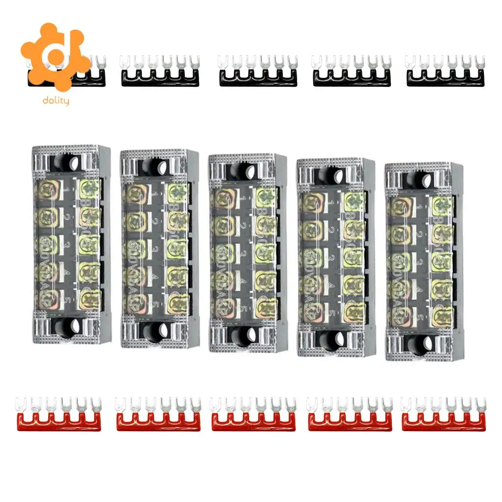 5 Pieces 600V 15A 5 Positions Barrier Strips Dual Row Screw Terminal Blocks