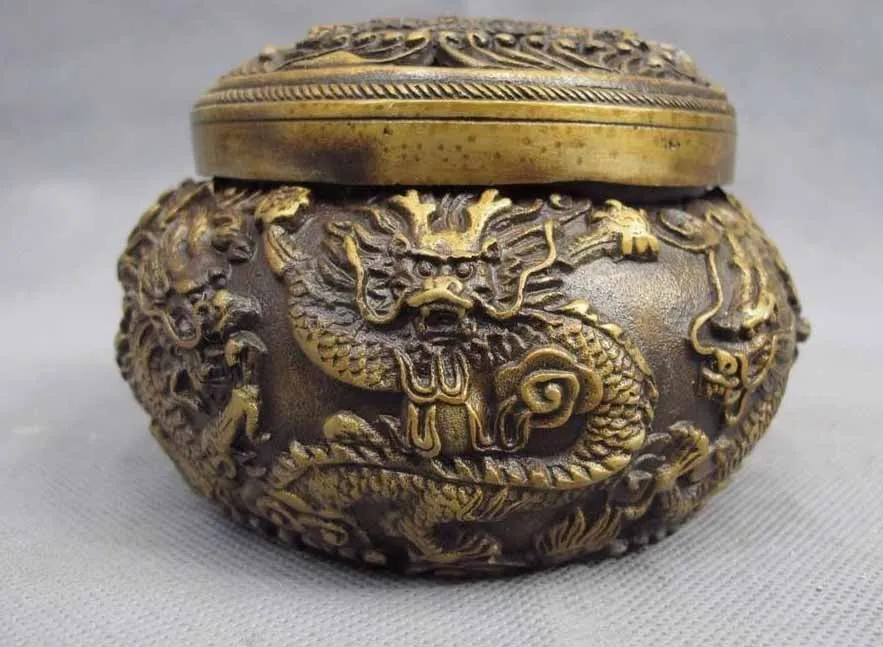 

7.5cm Chinese Buddhism Copper Bronze Two Dragon Play Bead censer Incense burner
