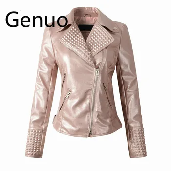 

Women Autumn rivet jacket Punk Style Short Leather Coat Faux Leather Ladies Jacket Pink Zipper Slim fit PU Leather Coat