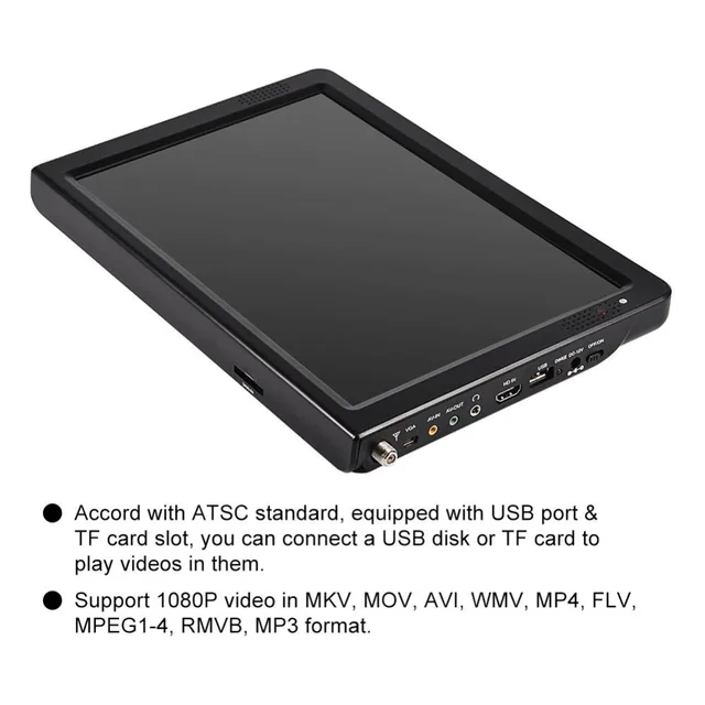 12inch Digital Television ATSC Portable TV 1080P HD HDMI Video Player for Home Car US Plug