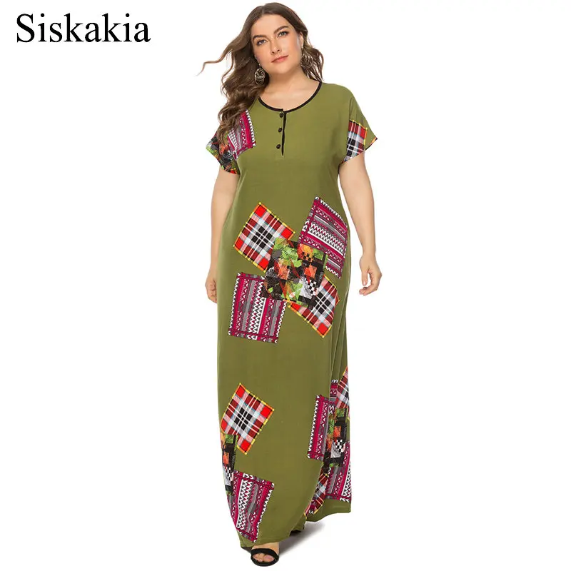 

Siskakia Plus Size Long Dress Elegant Ethnic Geometric Patchwork Printing Summer Dresses Round Neck Short Sleeve Women Clothes