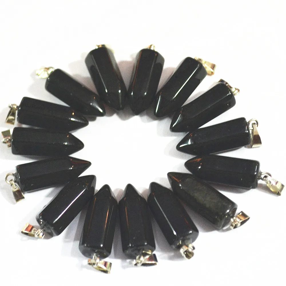 

Wholesale Fashion Natural Black Onyx Stone Pendant Charm Points Pillar Pendulum For Necklace Jewelry Making 24PCS Free Shipping