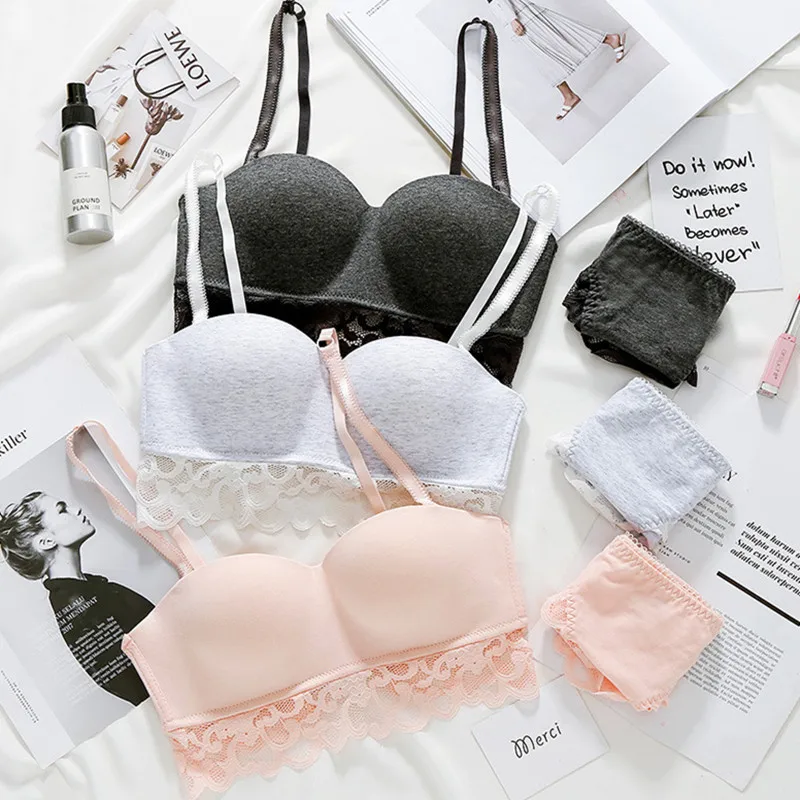 

Cotton Underwear Sexy Lace Hollow Bra Set Glossy Solid Color For Women Cute Bra and Panty Push Up Seamless Lingerie