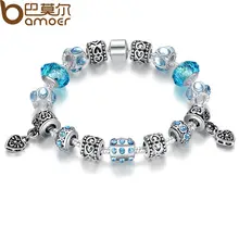 Bamoer 2016 European Style 925 Silver Crystal Charm Bracelet With Blue Murano Glass Beads DIY Jewelry For Women SDP1394