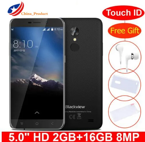 Blackview A10 MT6580A Quad Core 2GB RAM 16GB ROM 5inch HD 3G Smartphone Android 7.0 Fingerprint 8.0MP Rear Camera Mobile Phone