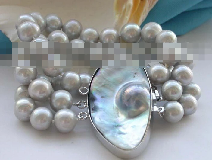 

FREE SHIPPING>>>@@ > 09695 3rows Natural Gray Round Pearl Bracelet Mabe pearl clasp