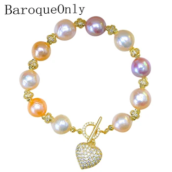 

BaroqueOnly Natural Freshwater baroque Pearl Bracelets HEART pendant mixed-colour irregular Pearl Jewelry HF