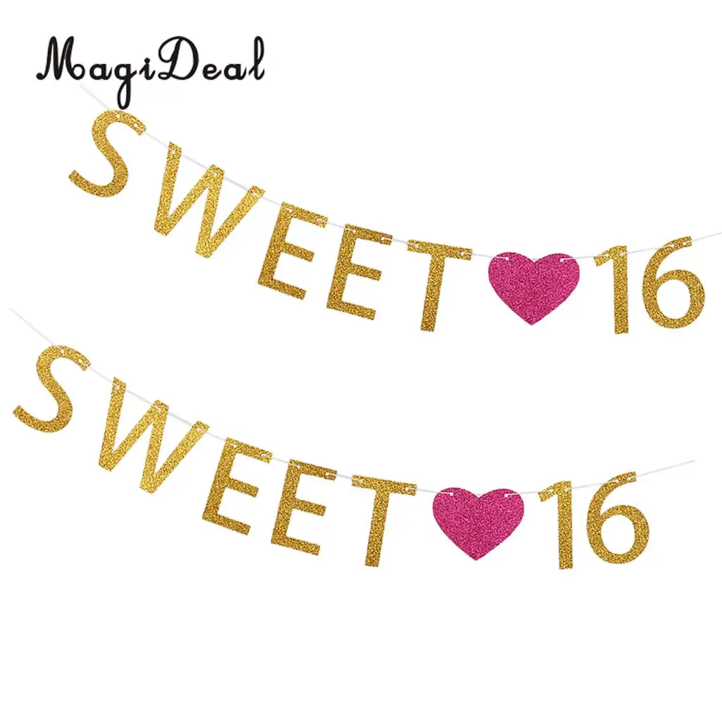 Pack of 2pcs Glitter Sweet 16 Heart Happy 16th Birthday Party Banner Bunting Girls Celebration Room Decoration Photo Props
