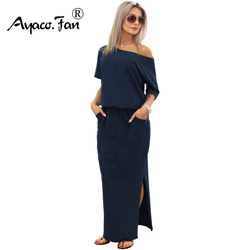 

2019 Sexy Summer Women Boho Maxi Dresses Short Sleeve Side Slit Loose Evening Party Long Pink Beach Dress with Pocket Vestidos