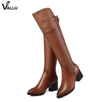 

Stylish Brand Luxury High Boots For Women Knee High Lady Natural Leather Winter Plush Boots Female Heel Snow Shoes Plus Size 42