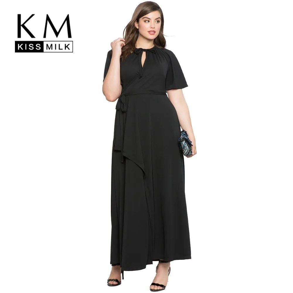 

Kissmilk Plus Size Women Dress Simple Large Size Solid Color Hollow Tie Belt Waist Irregular Split Dress