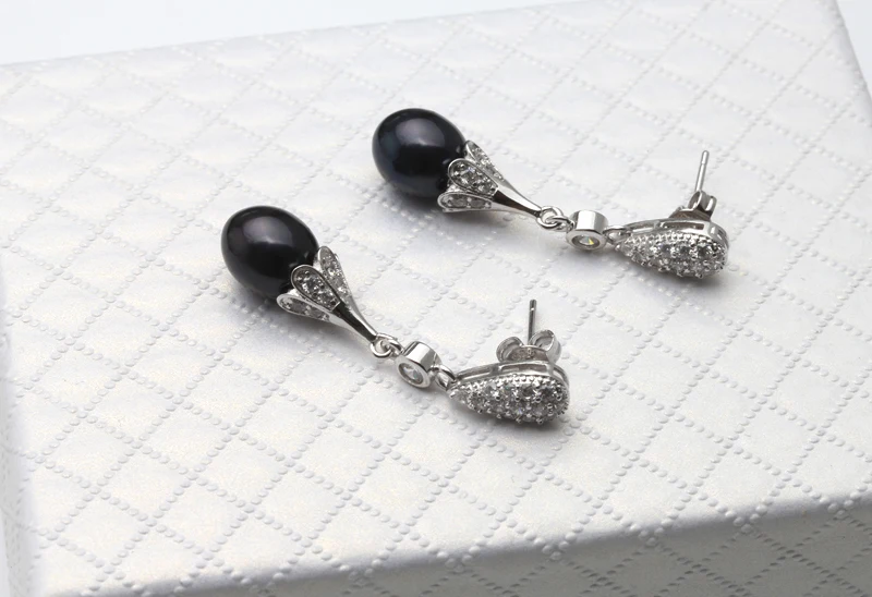 Fashion black Pearl earrings natural Pearl stud Earrings Women long earrings 925 sterling silver wedding gift