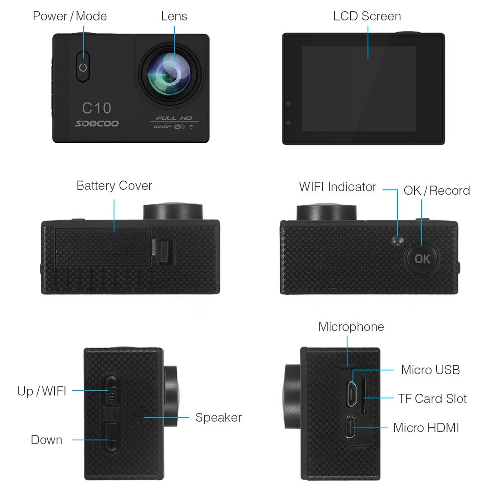 SOOCOO C10 Full-HD спортивная Экшн-камера NOVATEK96655 процессор с Wifi камерой 1080p 12MP 170 широкоугольный объектив Водонепроницаемая камера