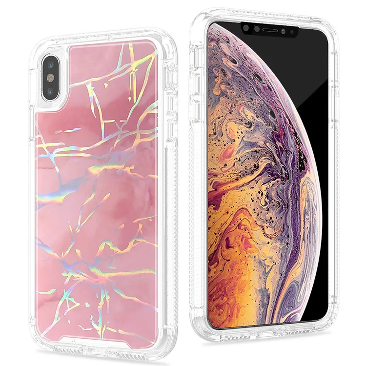 Модный мраморный лазерный чехол для телефона iPhone XS MAX XR X 6s 6 7 8 Plus PC+ TPU 360 Полный Корпус противоударный прозрачный чехол - Цвет: Rose