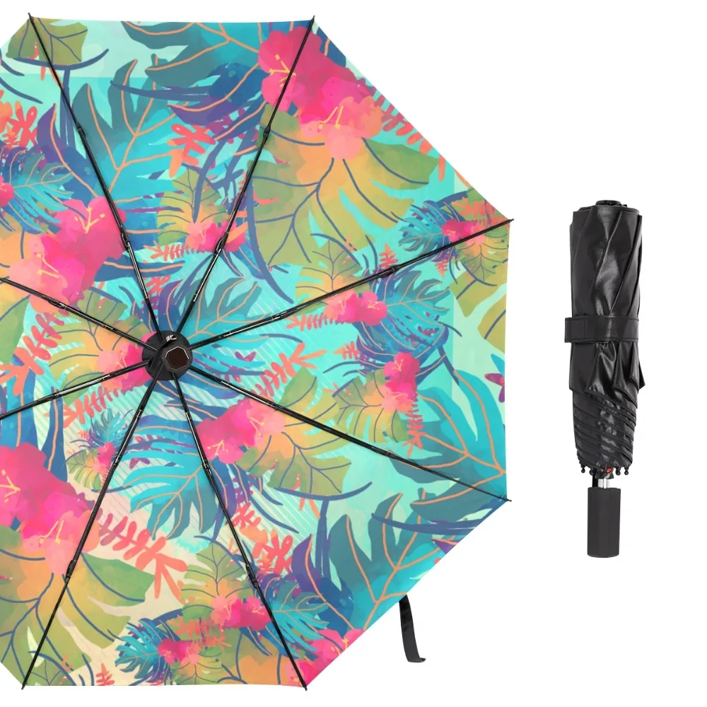 

Susino Leave Tropical Sun Umbrella UV Protection 8 Ribs Manual Open Close Pongee Black Coating Rain Pink Folding Umbrella
