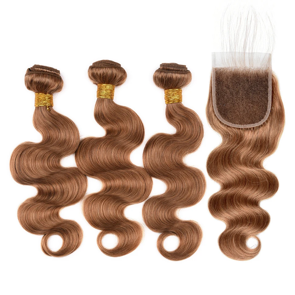 Color 27# 3 Bundles Brazilian Body Wave With Closure Honey Blonde Brazilian Human Hair Weave Bundles Lace With Closure Non Remy