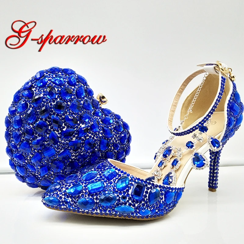 Royal Blue Women Crystal Bridal Dress Shoes with Handbag Heart Shape