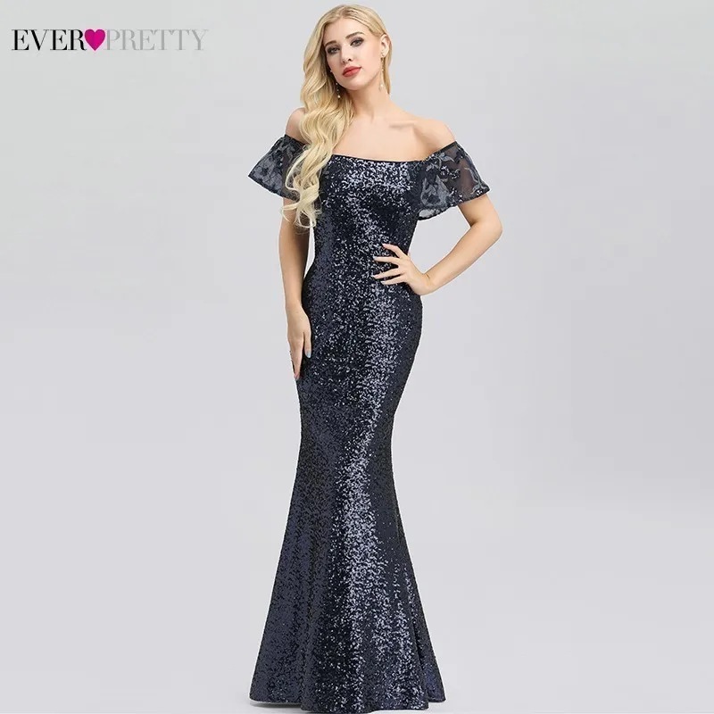 Sexy Sequined Evening Dresses Long Ever Pretty Off The Shoulder Ruffles Formal Party Gowns Little Mermaid Dresses Robe De Soiree - Color: Navy Blue